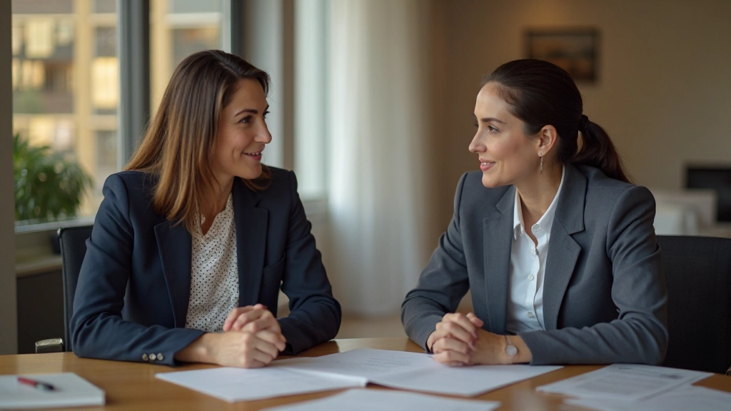 Две профессиональные женщины обсуждают стратегию развития карьеры за круглым столом в офисе