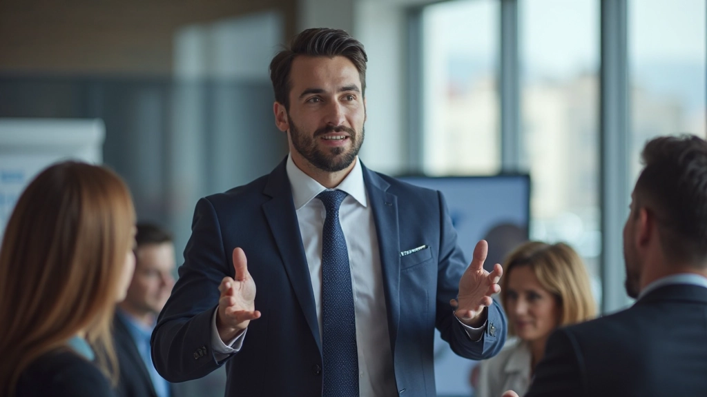 Лидер проводит презентацию перед командой профессионалов