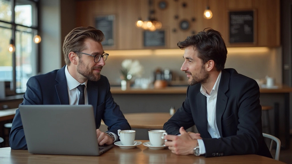 Два профессионала обсуждают стратегию в кофейне