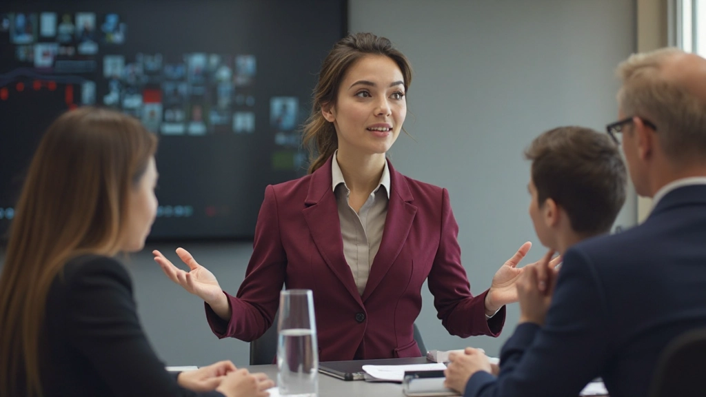 Профессиональная женщина в деловой одежде проводит презентацию перед командой в конференц-зале