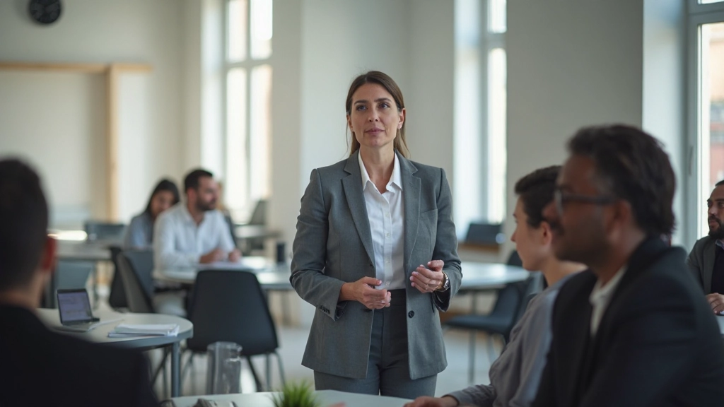 Профессиональный тренер по развитию навыков проводит обучающий семинар для группы специалистов