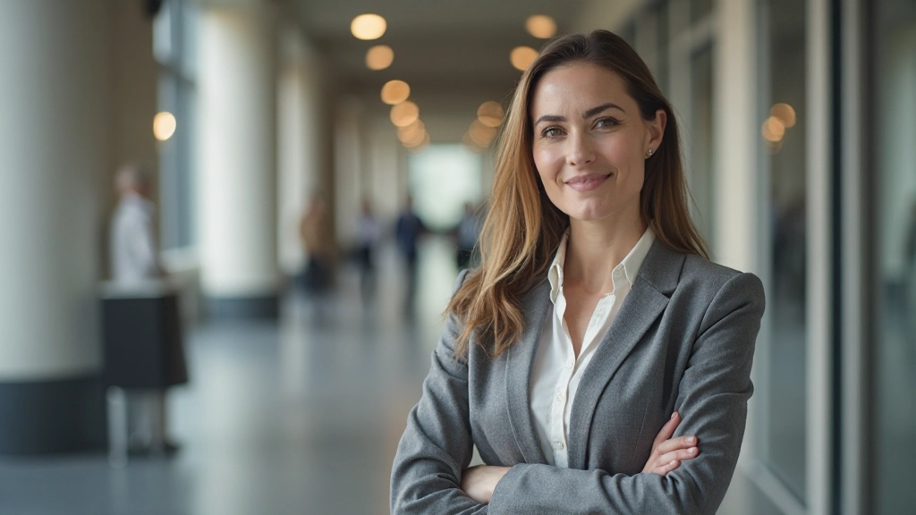 Успешная профессиональная женщина среднего возраста в деловом костюме в офисной среде, демонстрирующая уверенность и опыт
