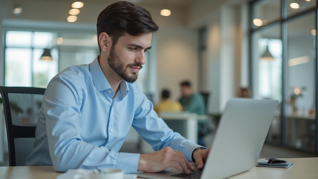 Молодой профессионал в повседневной деловой одежде работает за ноутбуком в современном офисном пространстве